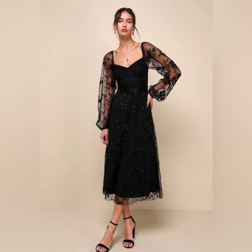 NWT Lulus Darling Charisma Black Mesh Embroidered Midi Dress| XS